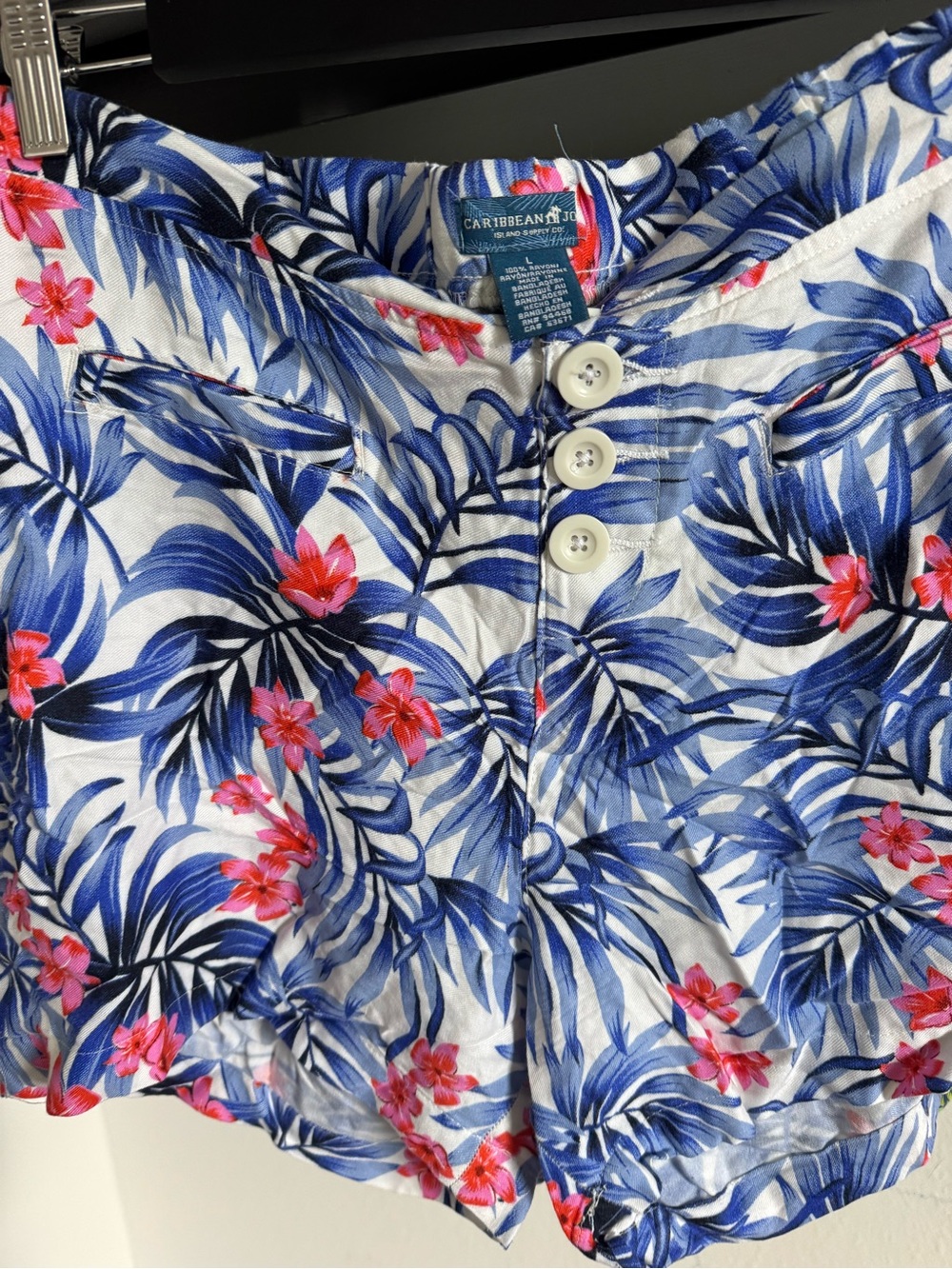 Caribbean Joe White Shorts with Blue Palm Leaves and Pink Flowers